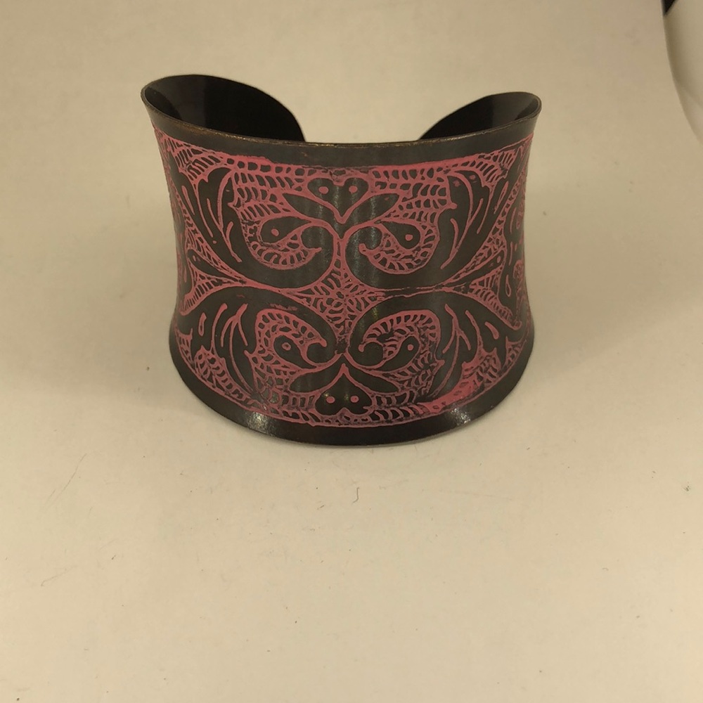Burnished Brass Embossed Pink Enamel Cuff Bracelet